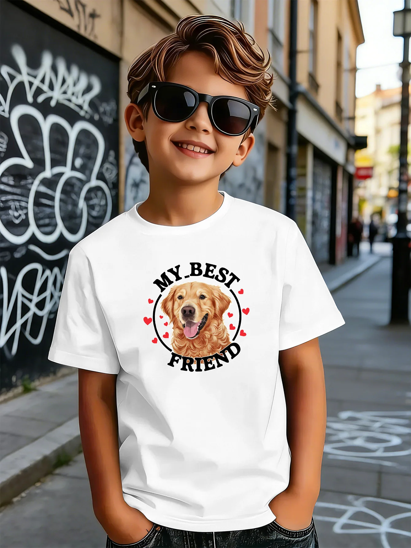 My Best Friend Golden Retriever Dog Print Kids T Shirt Boys Girls Short Sleeve Crew Neck Cotton Pet Parent Child Matching Tees