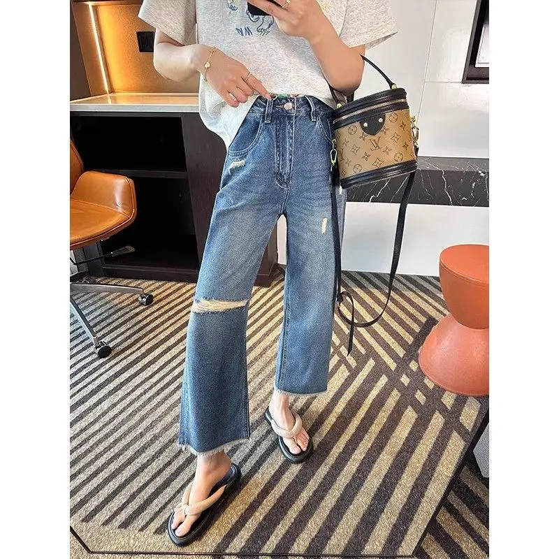 Retro American High Waist Straight Leg Denim Jeans Women's Loose Slimming Design Sensation Frayed  Nine Point Pants