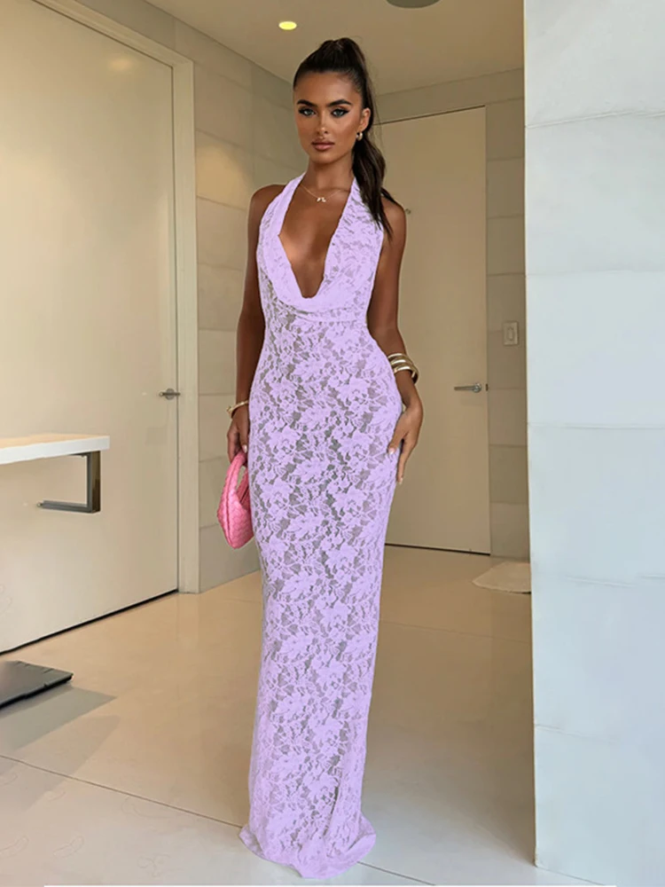 Avrilyaan Lace Perspective Deep V Party Sexy Dresses Backless Halter Bodycon Elegant Long Dress Women 2024 Summer Dress Vestidos