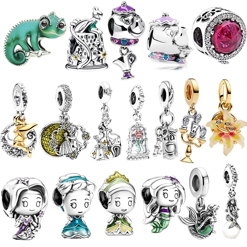 Novos Berloques e Contas Temáticas da Bela e a Fera, A Pequena Sereia, Rapunzel e Sininho para Joias Femininas DIY, Presente, Compatíveis com Pulseiras