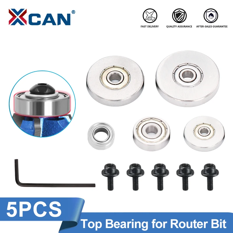 XCAN Wood Router Bit Top Mounted 5pcs 3/16 1/4 3/8 1/2 3/4 1 1-1/8 Top Bearing Set for Wood Milling Cutter