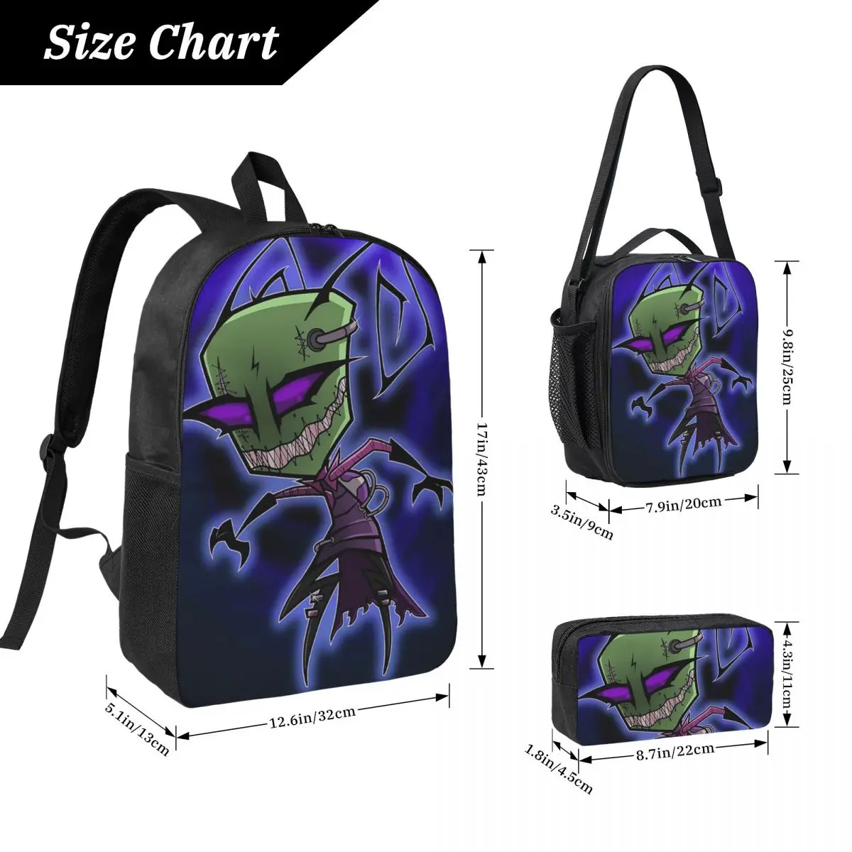 Invader Zim 8 Backpack Student Boys Girls BookBag School Bag Laptop Shoulder Bags 3ps Insulated Lunch Bag Pencil Case