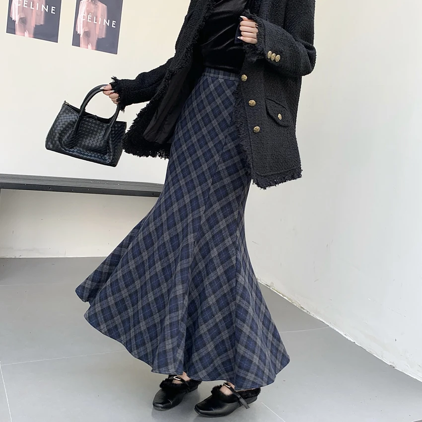 

Ретро клетчатая синяя облегающая юбка-русалка из матовой шерсти, утолщенные облегающие юбки-миди, женская новая зимняя полуюбка в стиле Харадзюку в консервативном стиле