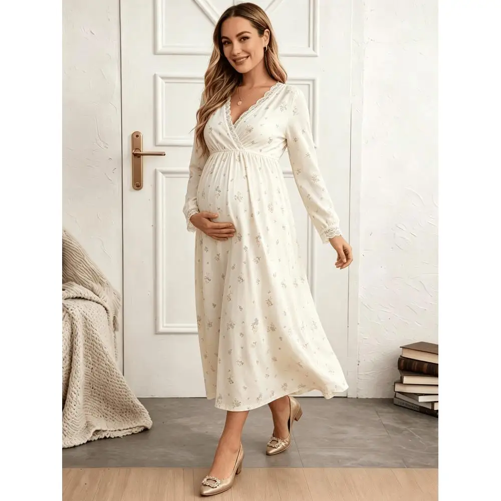 Maternity Breastfeeding Long Sleeve Pajamas Nursing Dresses Autumn, Winter Loose Comfortable Pajamas Long Dresses Maternity Dresses