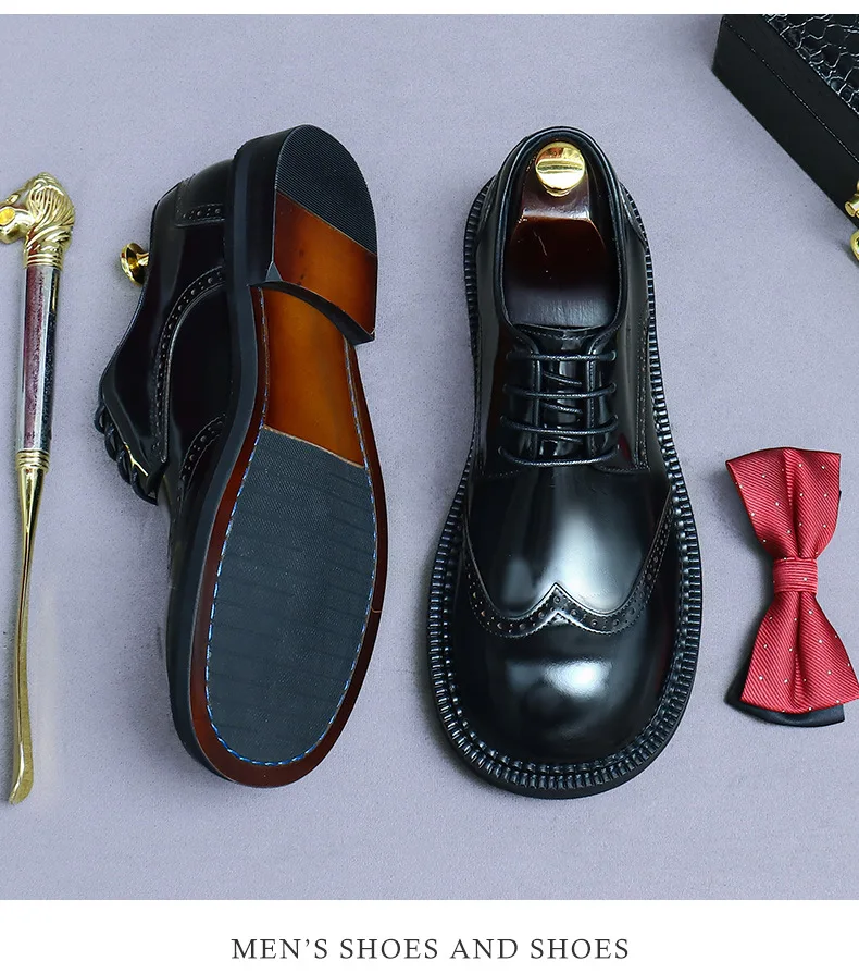 Zapatos Brogue Retro para Hombre, de Cuero Genuino de Lujo, Punta Redonda, Hechos a Mano, Planos, Color Marrón y Negro, para Bodas y Eventos Sociales