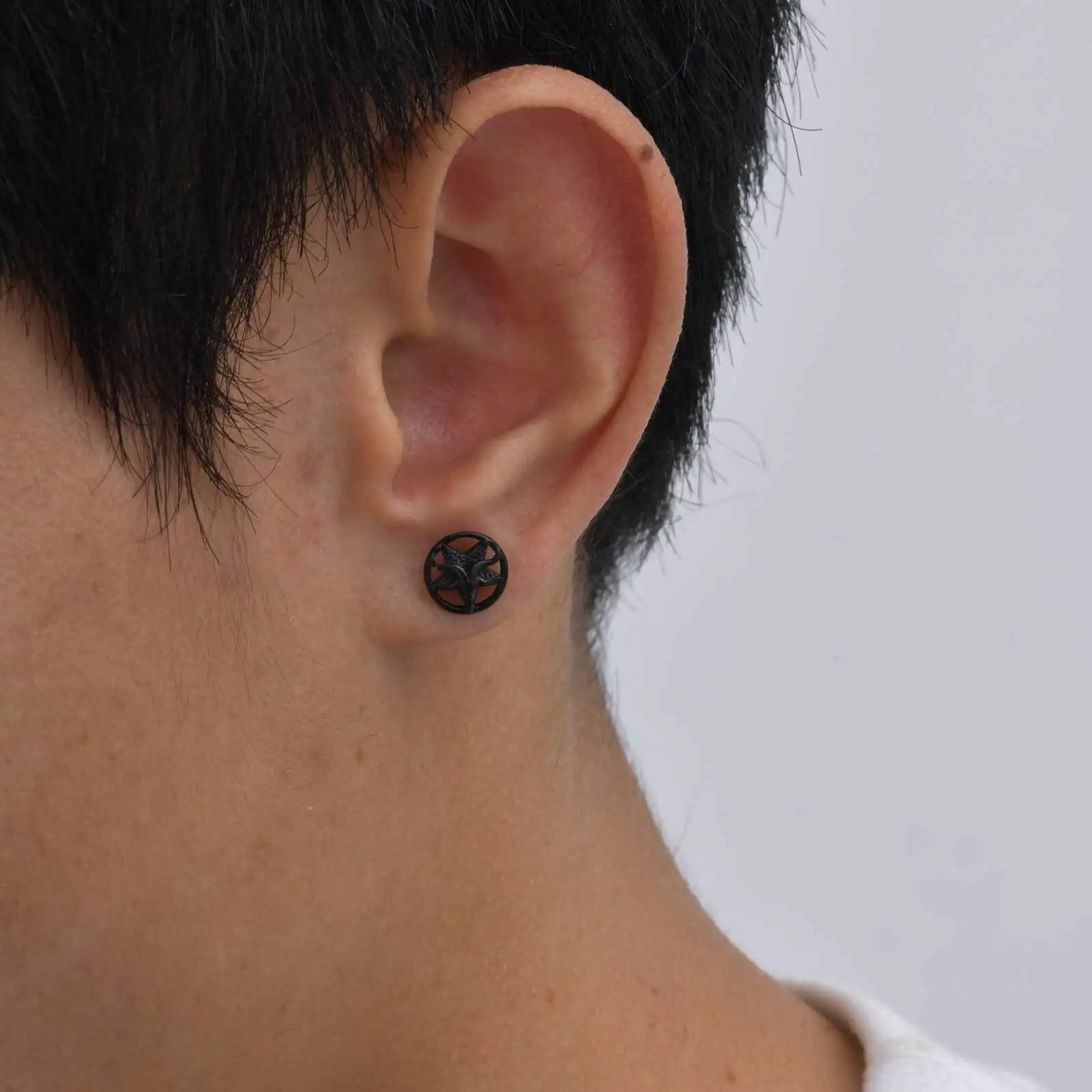 Sheep Head Pentagram Stud Earring for Men Boys,Stainless Steel Black Round Earrings,Punk Jewelry Gift