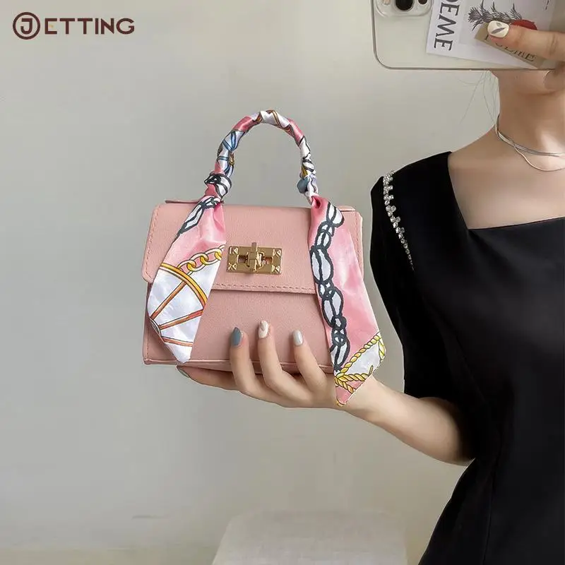 1PCS Women Small Square Pack Handbags Silk Scarf Shoulder Bags PU Leather Mini Chain Bag Luxury Ribbons Crossbody Messenger Bags