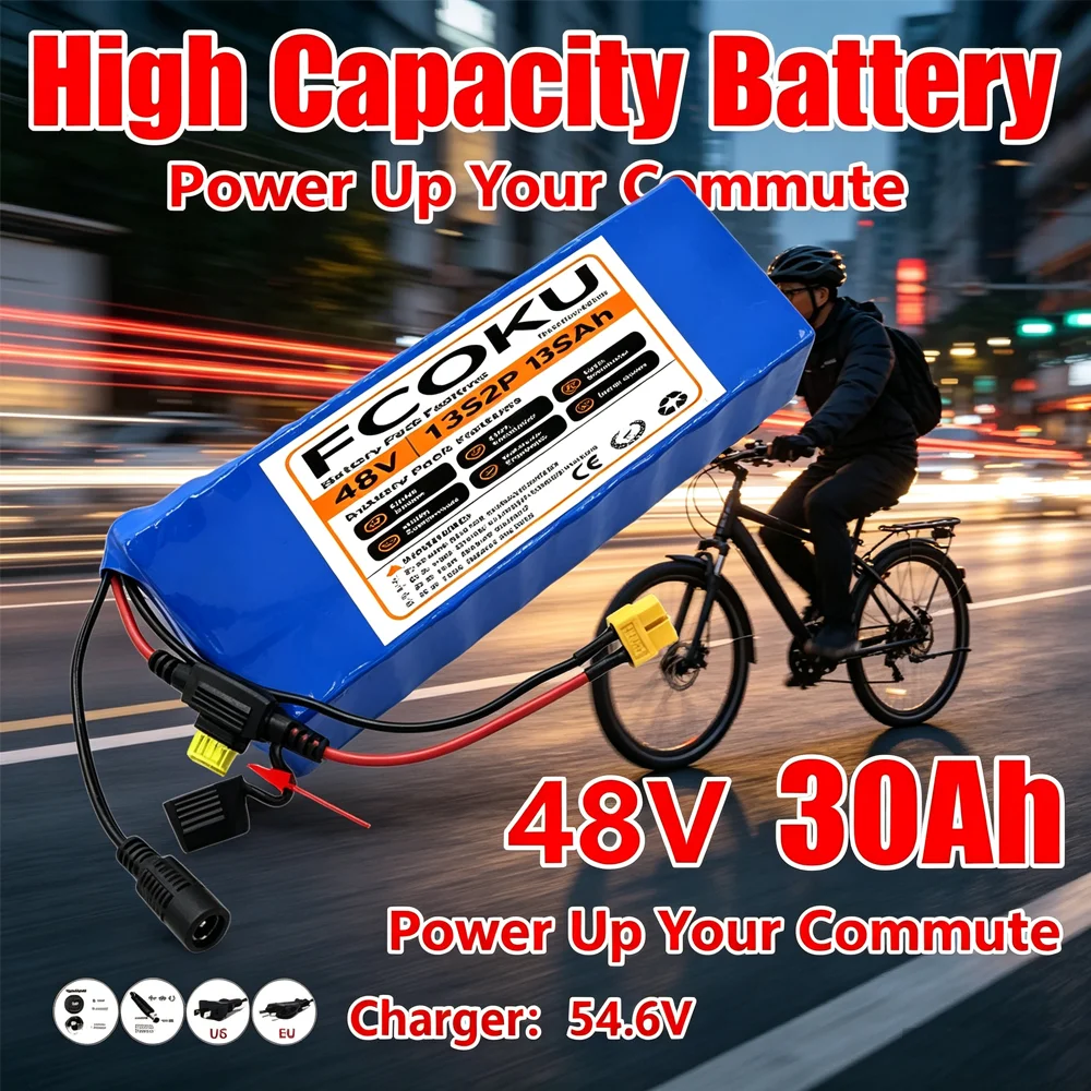 13S2P 48V 30Ah High‑Power 18650 Battery for E‑Motorcycle DIY Pack w/BMS +54.6V 2A Charger E‑Bike Scooter Replacement Power Supp