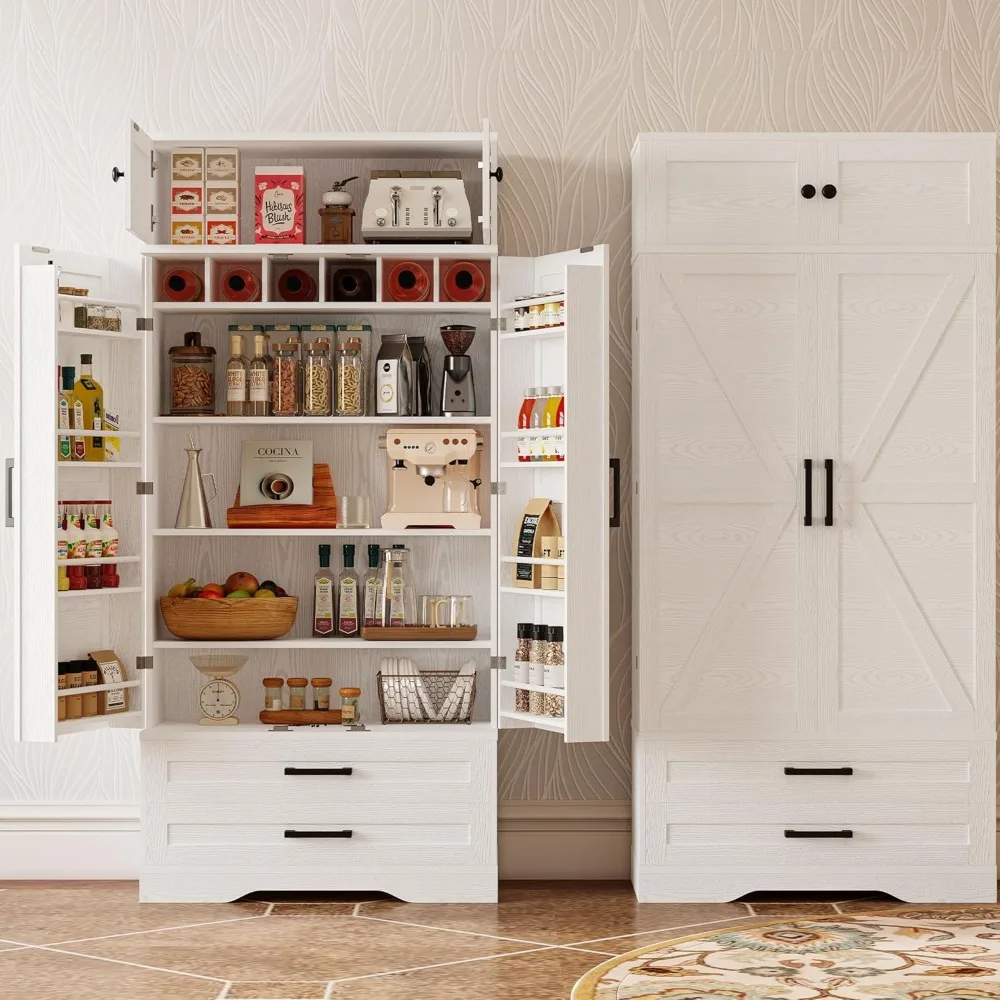 Kitchen Pantry , with Eight Hanging Shelves, Two Drawers and Open Storage Cabinet, Freestanding Cupboard