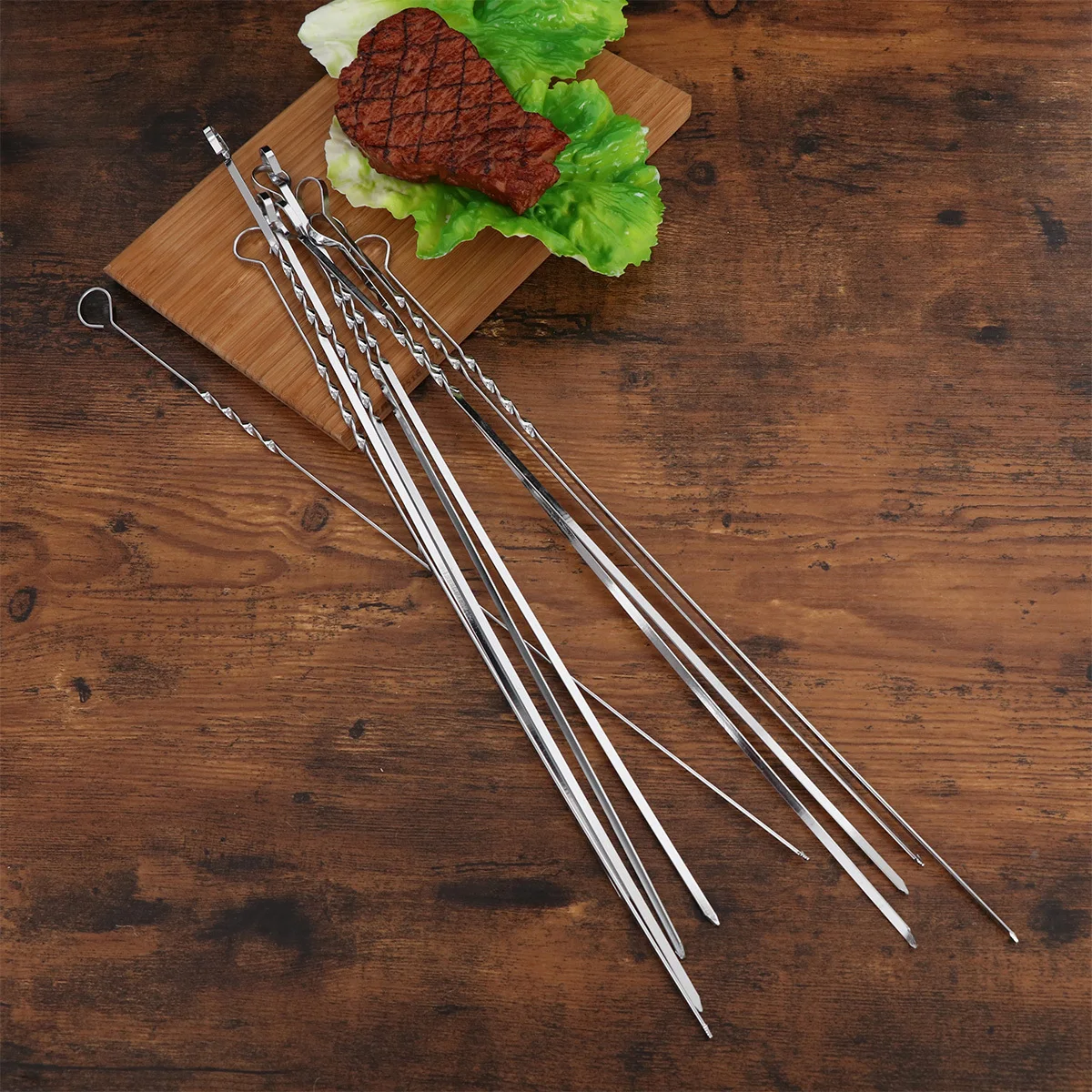 

20 шт. палочки для барбекю из нержавеющей стали, плоские широкие лезвия, нержавеющие сверхмощные металлические шампуры для гриля, петля, ручка, антипригарное покрытие для барбекю, вечеринки