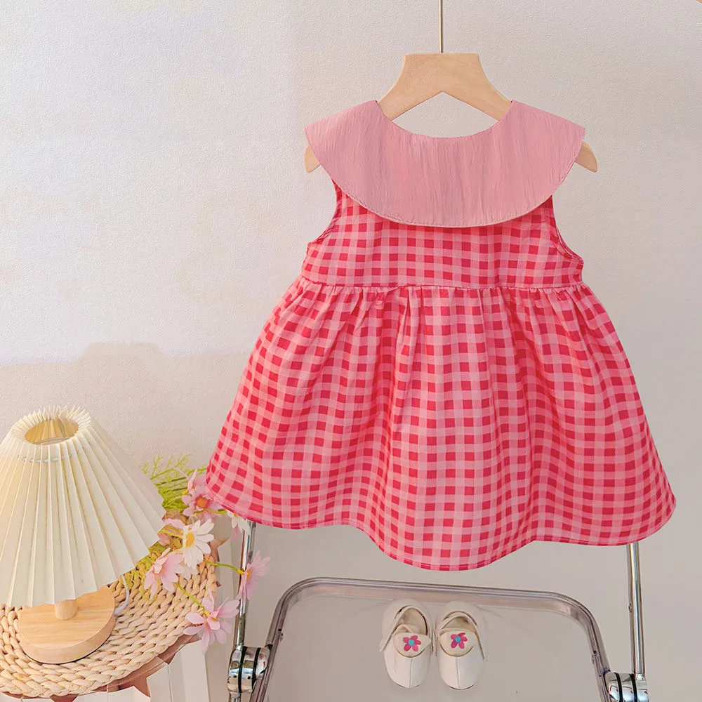 Korean Version 1-3 Year Old Baby Girl's Collared Sleeveless Plaid Strawberry Dress Sweet and Cute Summer