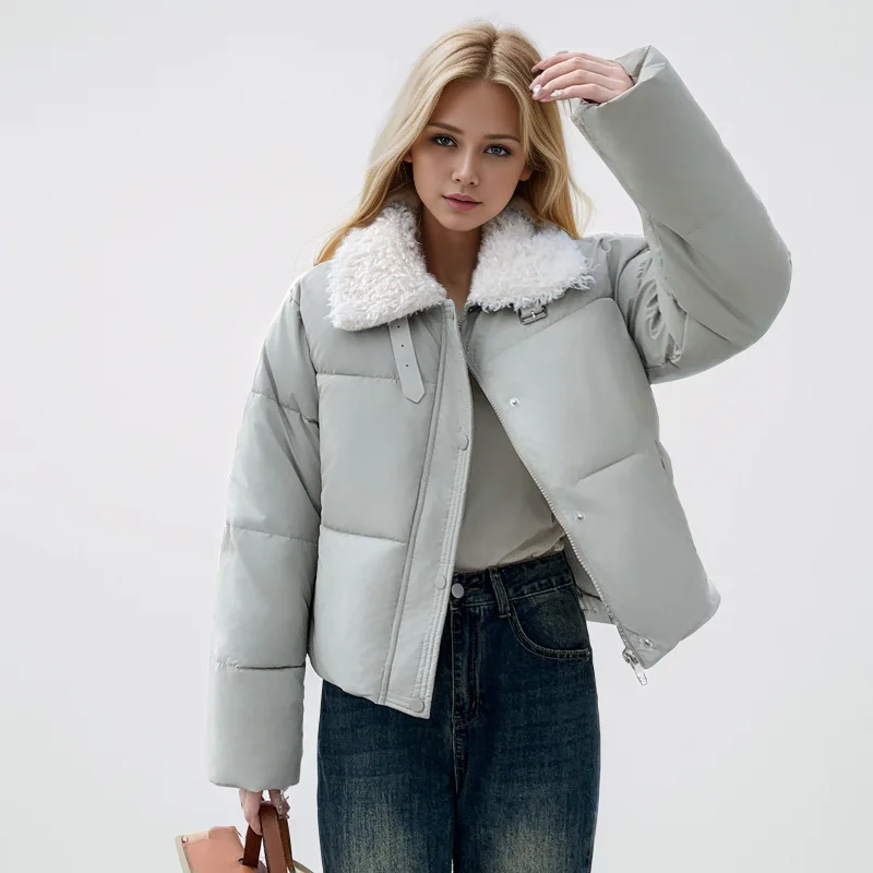 

Women's Winter Padded Coat Pure Color Lambswool Turn Down Collar Zipper Fly Quilted Jacket For Female Korean-Style Lady's Jacket