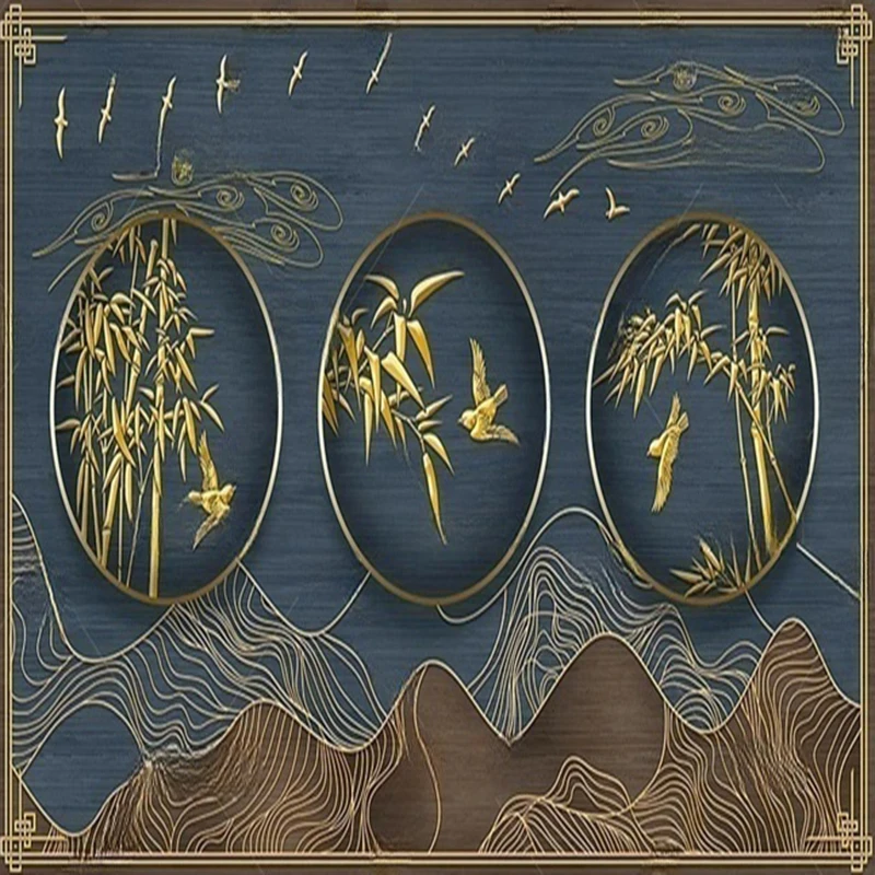 MU8746 nouveau paysage de ligne de relief de luxe léger de style chinois, forêt de bambou, mur de fond décoratif d'oiseaux volants de bambou