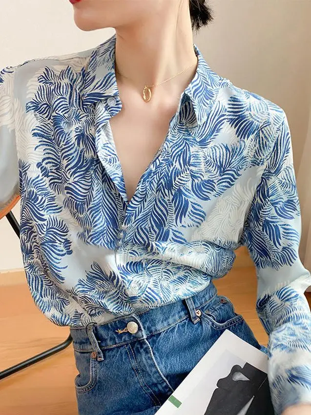 Imitation Tencel Shirt Women Long Sleeve Spring and Autumn French Style Top Blue and White Porcelain Printed Professional Shirt