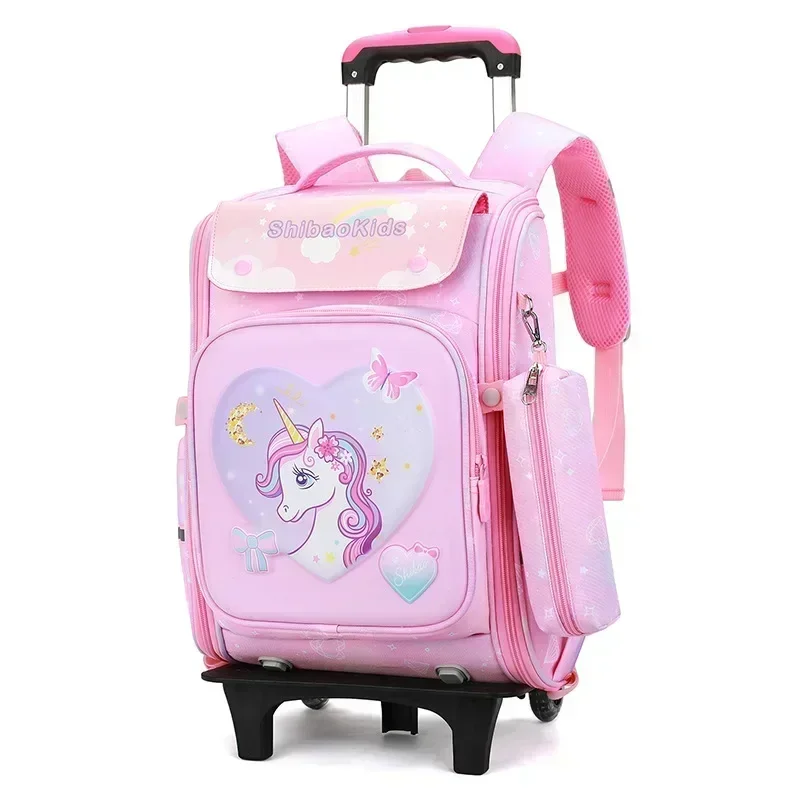 Children's Trolley Backpack 6 Wheels Waterproof Spine Protection Schoolbag Students Large Capacity Backpack Girls Boys Book Bags