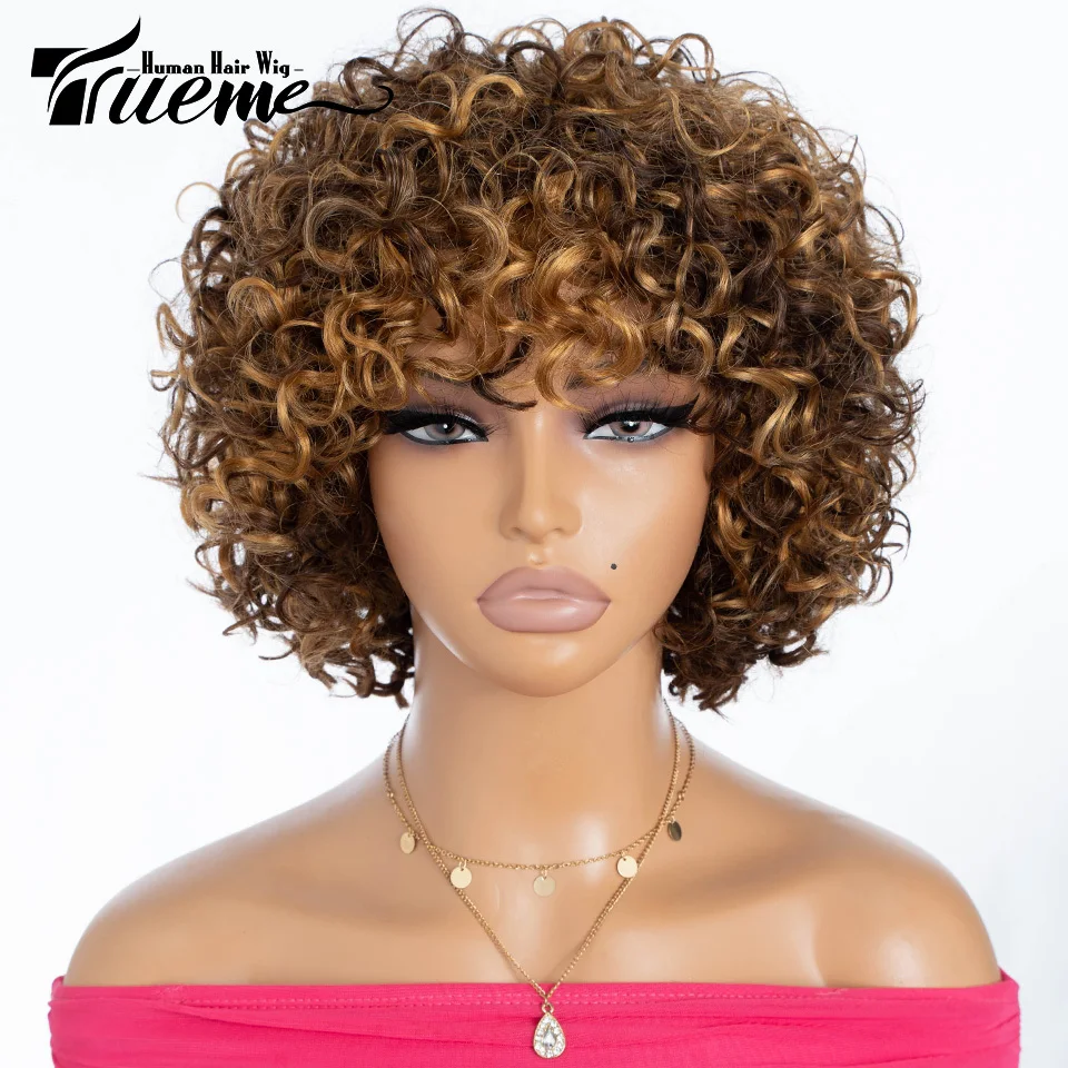 Trueme Highlight Short Curly Wig Human Hair Wigs Colored Brazilian Human Hair Wig For Women Ombre Burgundy Brown Human Hair Wig