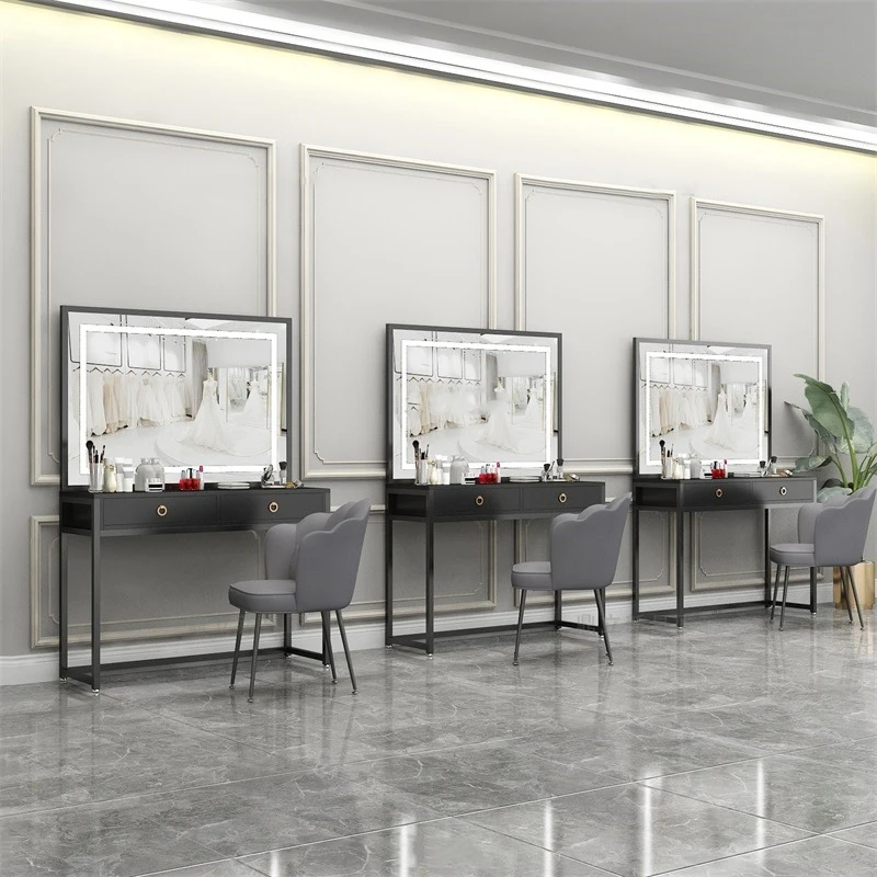 Comò, luce intelligente nera, tavolo da trucco speciale per studio, negozio di nozze, salone di bellezza, truccatori, trucco professionale