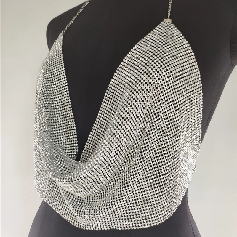 Frauen Sexy Glänzenden Strass Tank Top Tiefem V-ausschnitt Neckholder Metall Körper Kette Crop Top Hemd für Nachtclub Party Rave Outfits 2025 – Detail 8