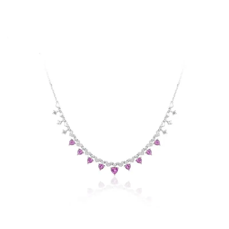 

Fashion 925 Sterling Silver Charm Chain Pink Heart Drop Necklace High Quality Wedding Party Engegament Jewelry