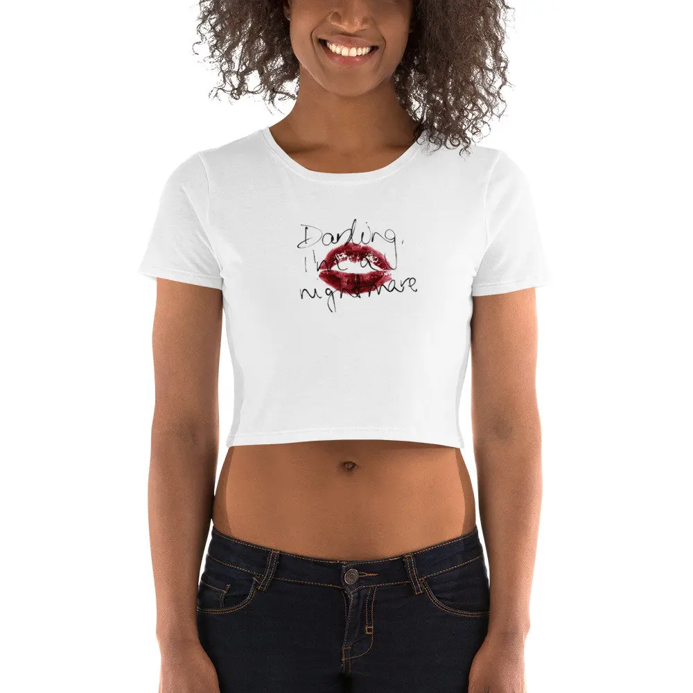 Red Lips Women’s Baby Tee, Red Lips Graphic Baby Crop Top, Darling I'm a Nightmare Crop Tops, Unique Graphic Tee