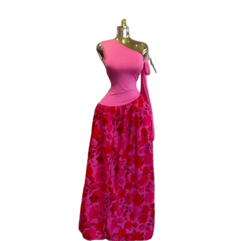 2025 Elegant Dress Temperament Vestidos Commuting Long Dresses Off Shoulder Patchwork Printing Strap Skew Collar Slim Sleeveless