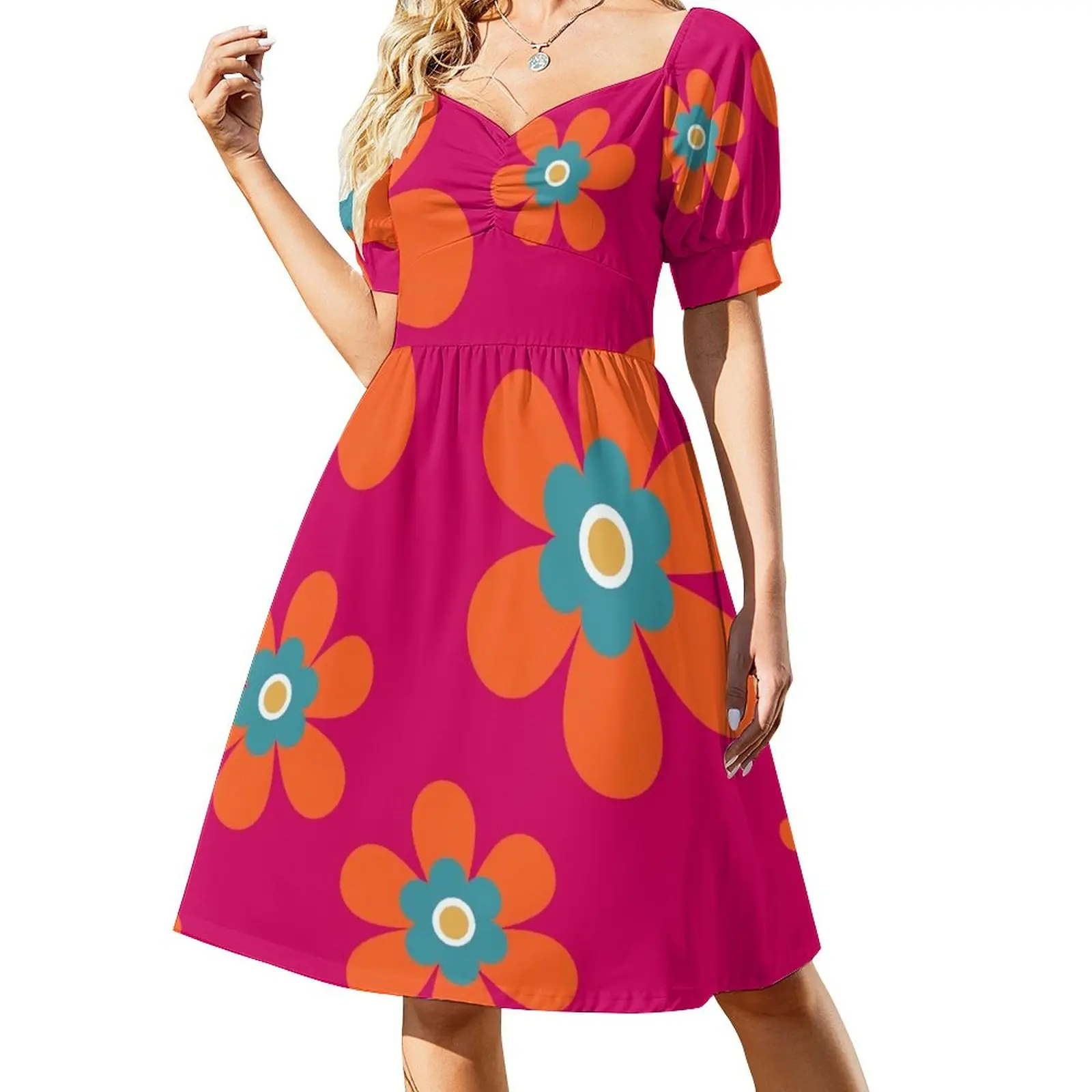 

Cute retro 70s colorful autumn flower power bright orange and hot pink graphic pattern. Caroline Laursen Origin Sleeveless Dress