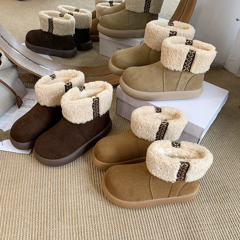 Woman Trend Designer Brand Short Plush Cozy Femme Snow Botas 2026 New Fur Platform Women Ankle Boots Flats Suede Warm Shoes