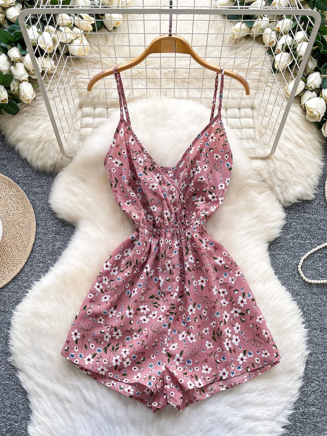 

Pink Floral Print Slim Fit ter Suit Women Summer High Waist Slimming orts Commute Suitable Polyester Fiber