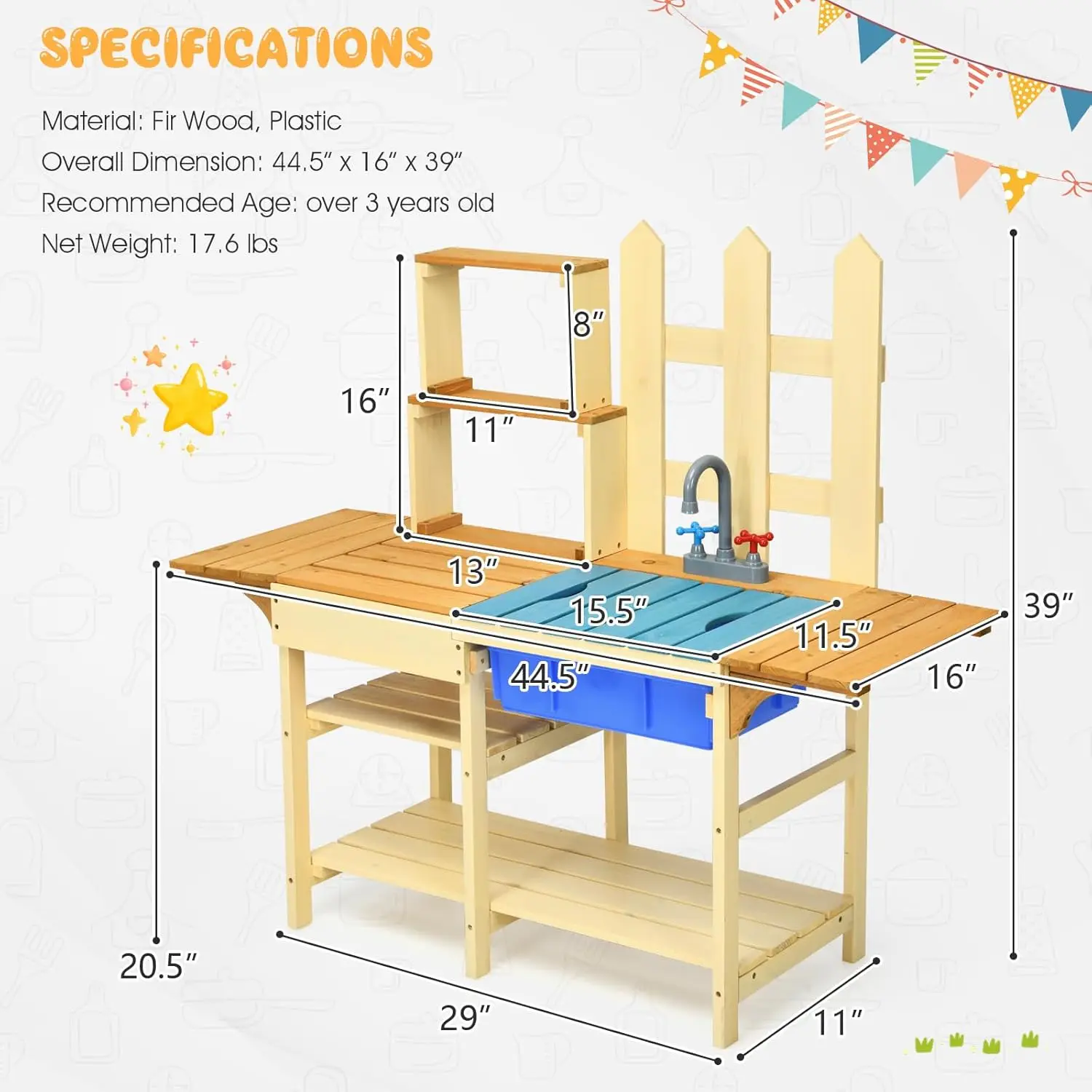 Kids Mud Kitchen Playset, Indoor Outdoor Wooden Pretend Play Toy Kitchen with Removable Sink, Simulated Faucet, Mud Kitchen for