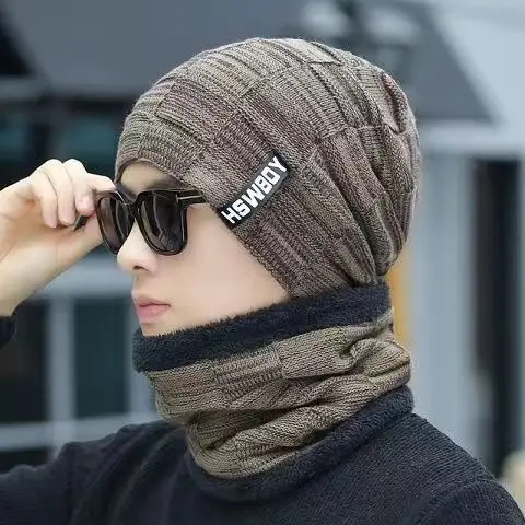 Scaldacollo cappello lavorato a maglia sciarpa Set fodera in lana di pelliccia spessa berretti in maglia calda passamontagna cappello invernale per uomo donna berretto Skullies Bonnet