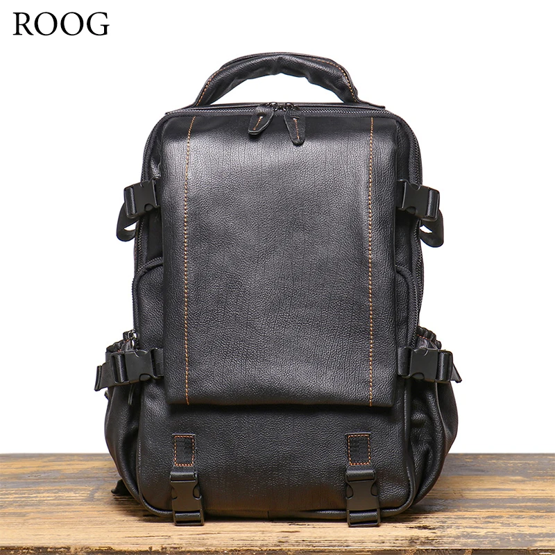 ROOG Modischer schwarzer multifunktionaler Rucksack aus echtem Leder, hochgeschichtete Rindsleder-Büchertasche mit großem Fassungsvermögen.