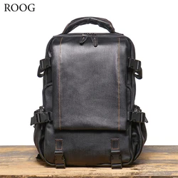 ROOG Fashionable Black Multifunctional Genuine Leather Backpack, Large-Capacity Top-Layer Cowhide Book Bag.