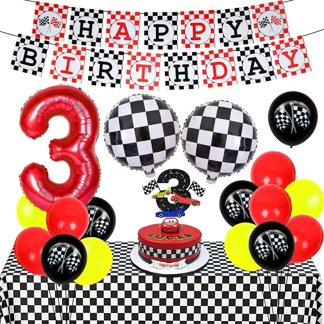 

Race Car Birthday Party Supplies for 3 Years Old Boys Checkered Flag Balloons Tablecloth Cake Topper Racing Cars 3rd Bday Decor