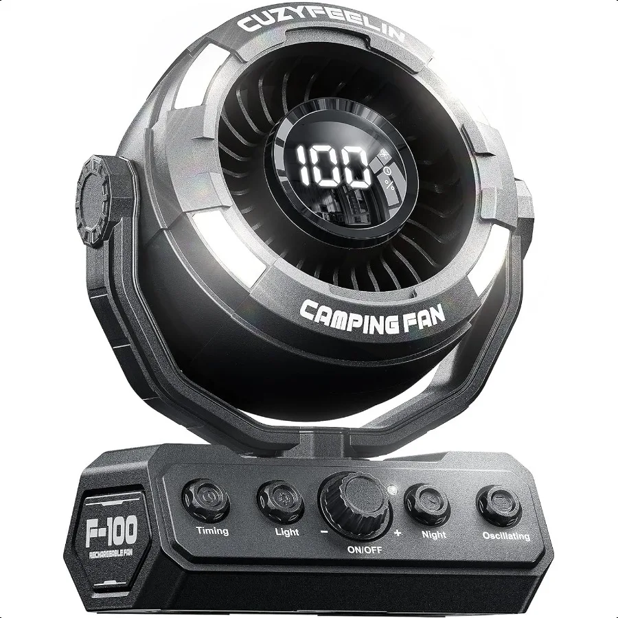 مروحة محمولة قابلة لإعادة الشحن ومروحة تخييم متعددة الاستخدامات مع خطاف إضاءة LED ماكس 80 ساعة وقت التبريد يعمل بالبطارية 100 سرعات 180 أوسيل