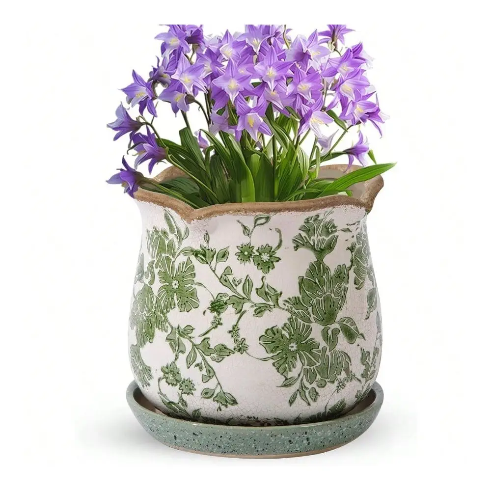 

With Saucer, 6 Inch Vintage Ice Crack Glaze Plant Pots With Drainage Holes, Decorative Flower Pots For Outdoor Garden Home Deco