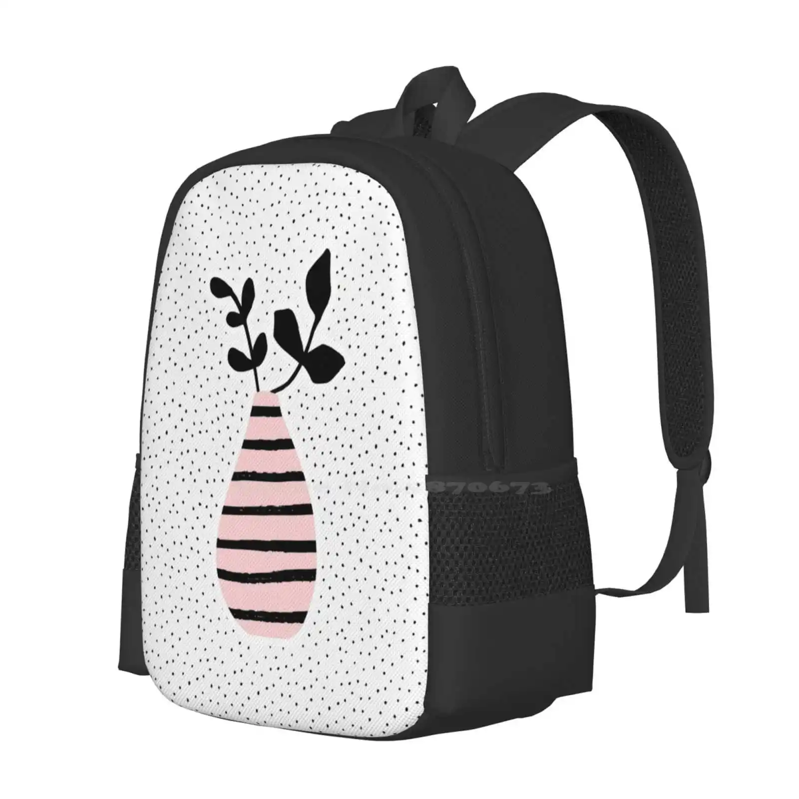 Pink Stripes And Branches Hot Sale Schoolbag Backpack Fashion Bags Vase Branches Leaf Leaves Plant Pattern Dots Hand Drawn