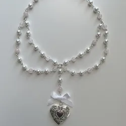 Gorgeous pearl rose quartz heart locket necklace bow Jewelry woman