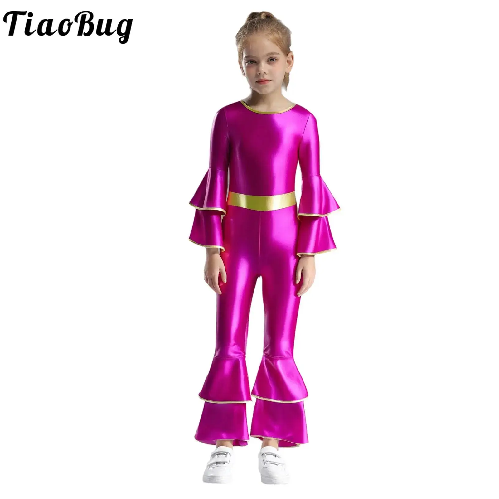 

Girls Shiny 70s Disco Vintage Jumpsuit Metallic Flare Sleeve Bodysuit Hippie Bell Bottom Jazz Dance Carnival Rave Party Costumes