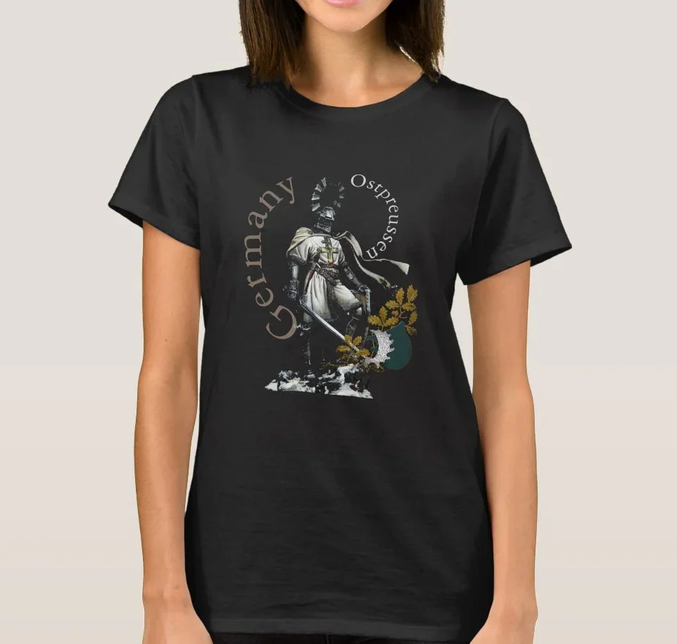 Teutonic Knight In East Prussia with Ostpreussen Circular Text and Prussian Oak Leaves with The Moose Antler Women's T-Shirt