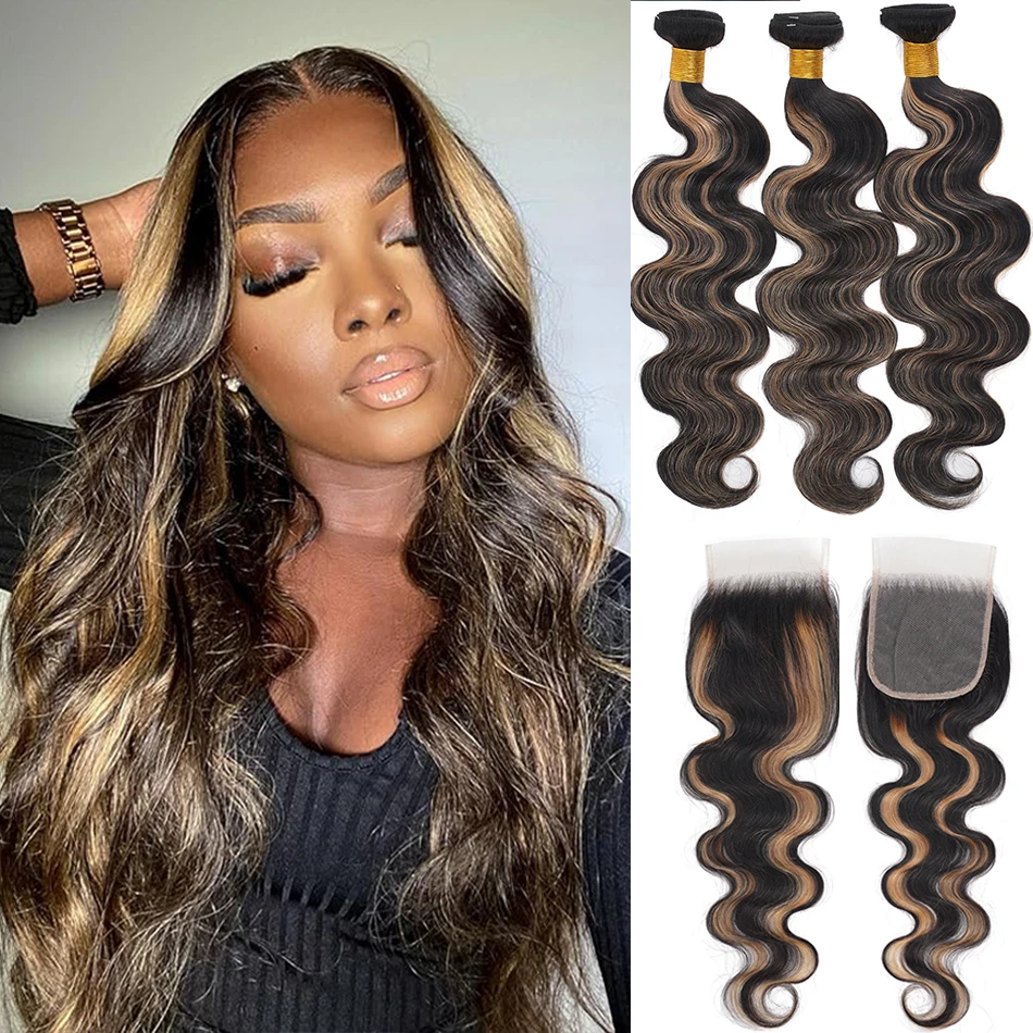 12A Raw Brazilian Virgin Human Hair Highlight Body Wave Bundle With Closure Ombre Bouncy Wave 4x4 Lace Closure with Ombre Bundle