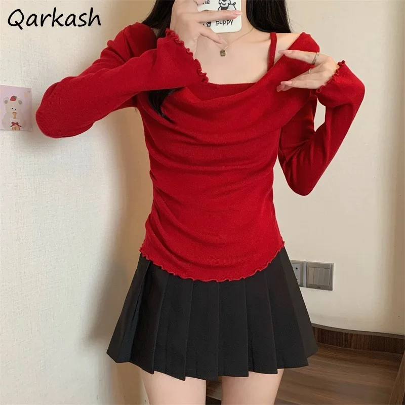 T-shirts Women Red Fake 2pcs Patchwork Off Shoulder Long Sleeve Slimming All-match Casual Sexy Ladies Ulzzang Streetwear Womens