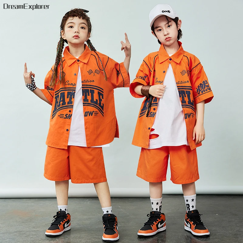 Boy Hip Hop Short Sleeved Orange Shirt Street Dance Shorts Clothes Sets Girls Blouse Children Summer Streetwear Kids Costumes