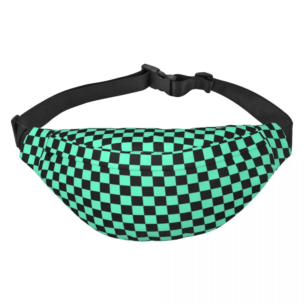 Custom Casual Checkerboard Pattern Fanny Pack Men Women Mint Green And Black Plaid Sling Crossbody Waist Bag Phone Money Pouch