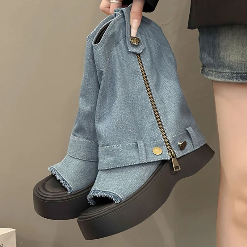 

Летние женские короткие сапоги на толстой подошве с открытым носком, модные синие ковбойские сапоги с боковой молнией, пляжные тапочки в британском стиле