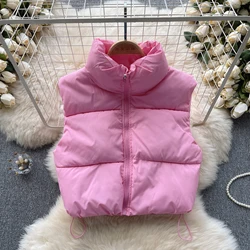 Women's Vest Autumn Winter New Simple Versatile Stand Collar Zipper Drawstring Slim Waistcoat Thickened Warm Cotton Coat