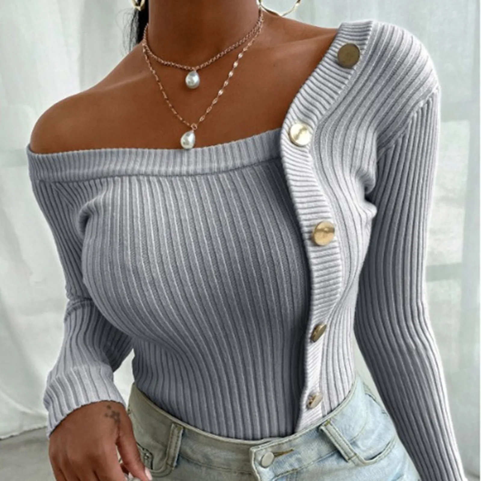 Women's Off-The-Shoulder Color-Matching Knit Pullover Sweater Autumn And Winter Button-Up Long-Sleeved Slim-Fit Warm Knitwear