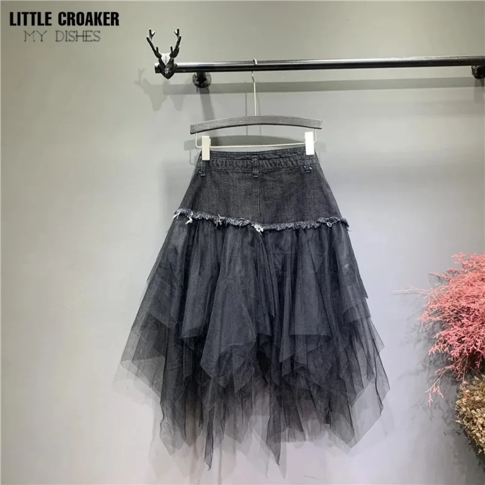 Asymmetrische Denim Jeans Tüll Röcke für frauen Hohe Taille Lange Mesh Tutu Quaste Plissee Midi Gothic Rock mit Taschen Gürtel Schwarz