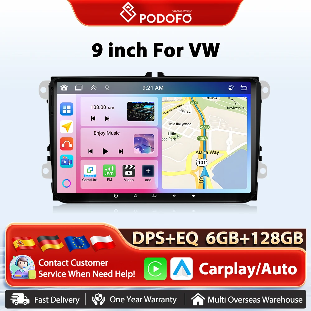 Podofo 6+128G Bezprzewodowe CarPlay Radio Samochodowe Android Auto Nawigacja GPS Sterowanie Głosowe AI Odtwarzacz Multimedialny dla VW WIFI DSP FM/RDS EQ BT