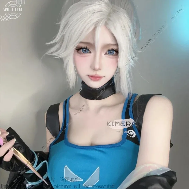Kostum Cosplay VALORANT Jett Cos Girl Game, Wig Putih, Seragam, Perlengkapan Pesta Halloween untuk Wanita, Rompi Hitam