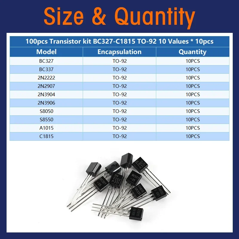 100pcs 10Values Triode Transistor TO-92 BC337 BC327 2N2222 2N2907 2N3904 2N3906 S8050 S8550 A1015 C1815 NPN PNP Transistors Kit